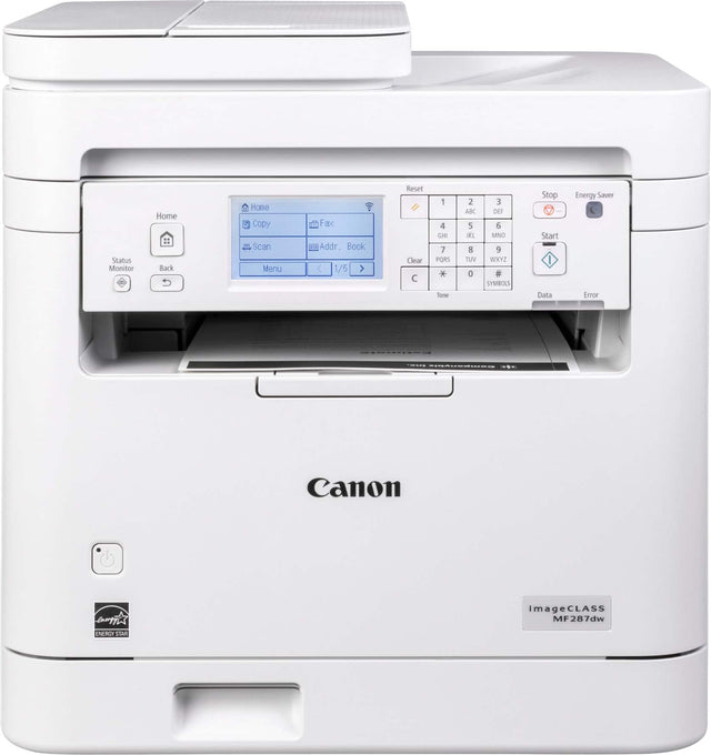 Status: Monitor Home Back U Home Copy Scan Menu Fax NE Addr Book < 1/5 > Reset Clear C 1 4 CH 7 PORS Tone 2 ARC 5 K i TUV O E DES 6 MINO 1 WXYZ # SYMBOES Stop Start Data Energy Saver Error Canon ImageCLASS MF287dw NR STA