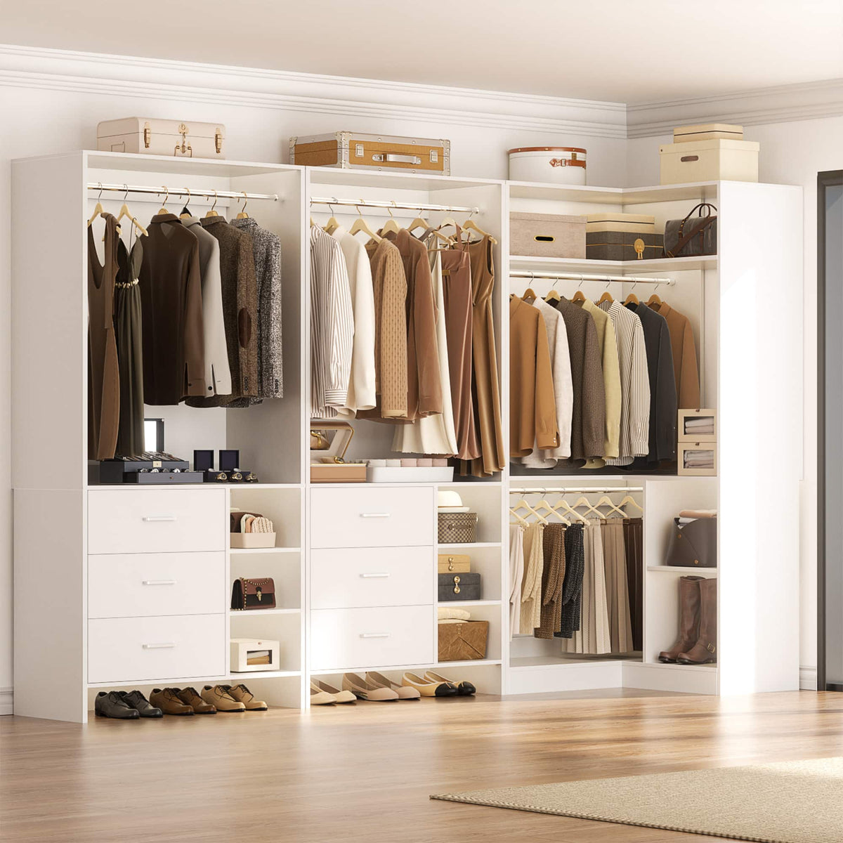 Aheaplus - 61'' - 92.6'' W L-Shaped Closet System - Corner Wardrobe System with 6 Drawers, 4 Hanging Rods, and Shelves - White
