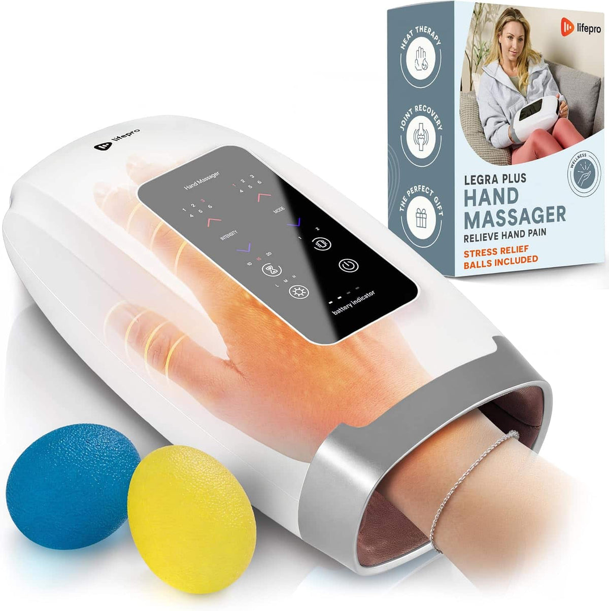 LifePro - Legra Plus Hand Massager with Heat and Compression for Arthritis Finger Palm and Wrist Relief - White