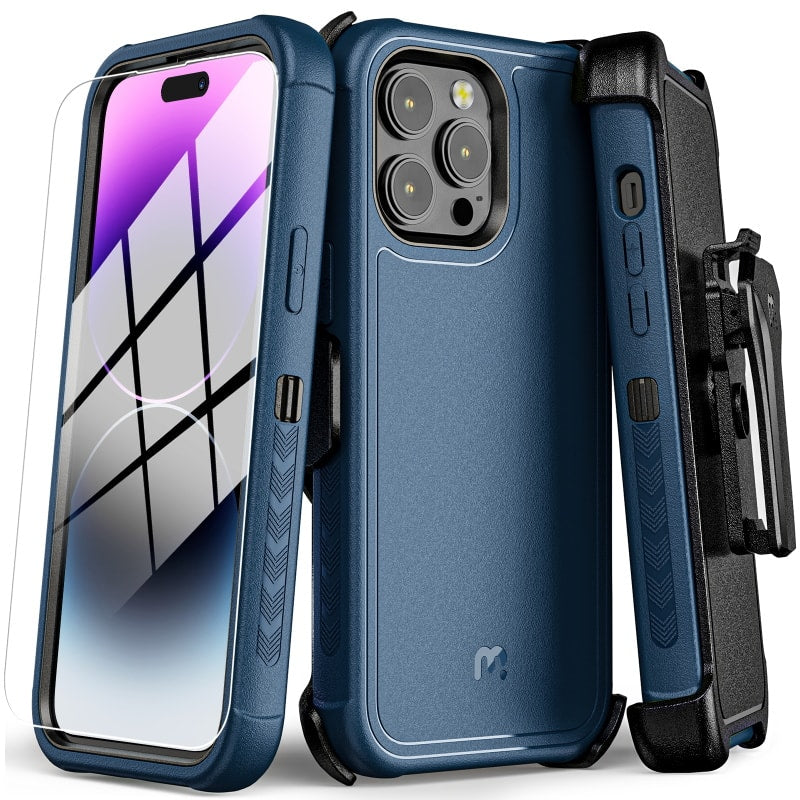 Mybat Pro - Maverick Series Case with Holster and Tempered Glass for Apple iPhone 14 Pro (6.1) - Blue