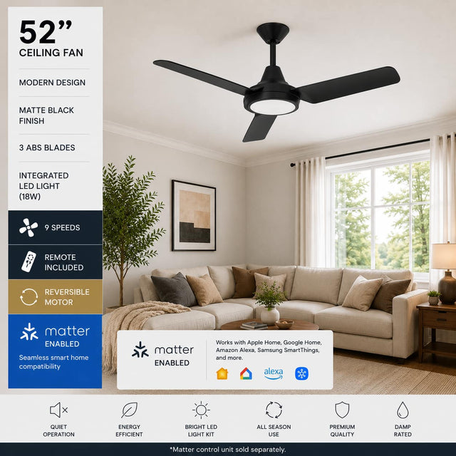 52" CEILING FAN  
MODERN DESIGN  
MATTE BLACK FINISH  
3 ABS BLADES  
INTEGRATED LED LIGHT (18W)  
9 SPEEDS  
REMOTE INCLUDED  
REVERSIBLE MOTOR  
MATTER ENABLED  
Seamless smart home compatibility  
Works with Apple Home, Google Home, Amazon Alexa, Samsung SmartThings, and more.  
QUIET OPERATION  
ENERGY EFFICIENT  
BRIGHT LED LIGHT KIT  
ALL SEASON USE  
PREMIUM QUALITY  
DAMP RATED  
*Matter control unit sold separately.