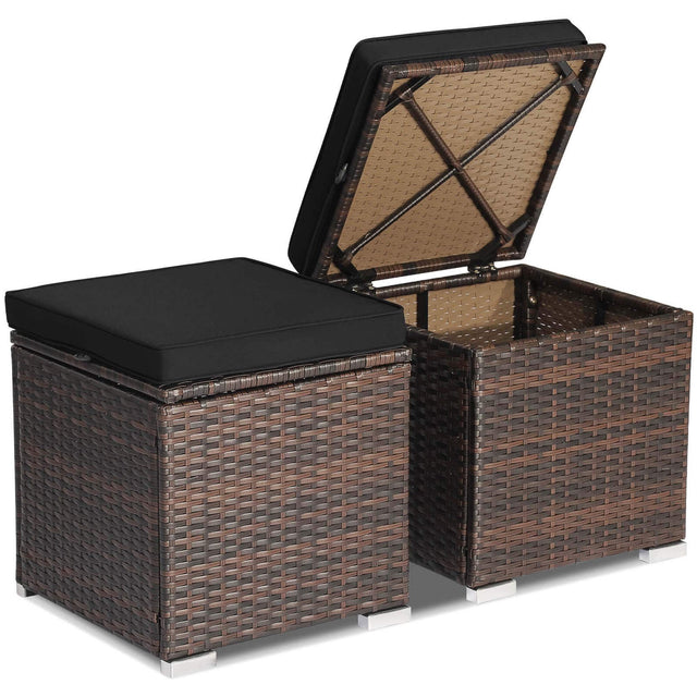 Front. Costway - 2PCS Patio Rattan Ottomans Seat Side Table Storage Box Footstool with Cushion - Black.