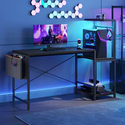 RSPGAME - 51.3'' Gaming Desk with LED & Storage Drawer Ergonomic Computer Desk Headphone Hook, PC Gaming Desk for Home Office