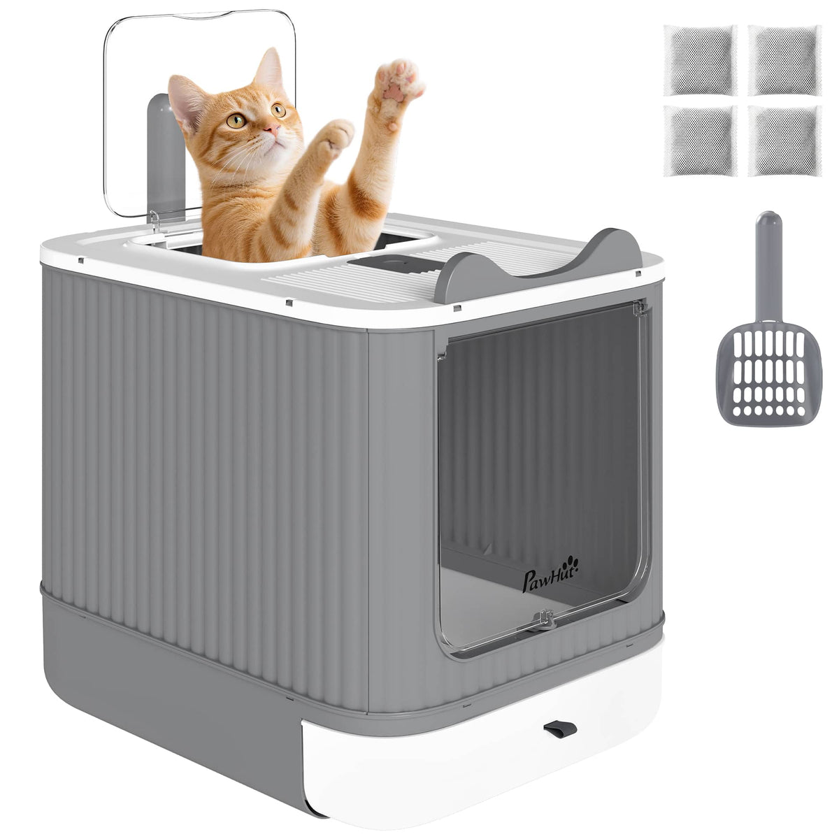 Pawhut - Litter Box with Lid, Enclosed Litter Box for Medium Cats, Front-Entry and Top-Exit, Scoop - White