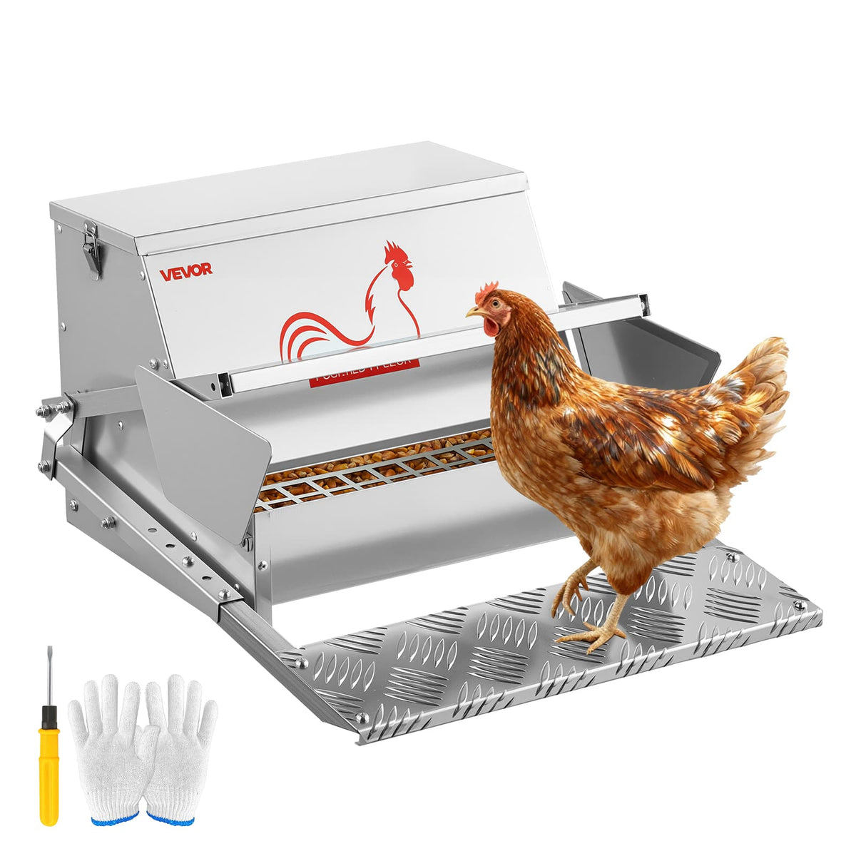 VEVOR - Automatic Chicken Feeder, 25 lbs Capacity, Rainproof Treadle Poultry Feeder with Lockable Lid, No Waste - Silver