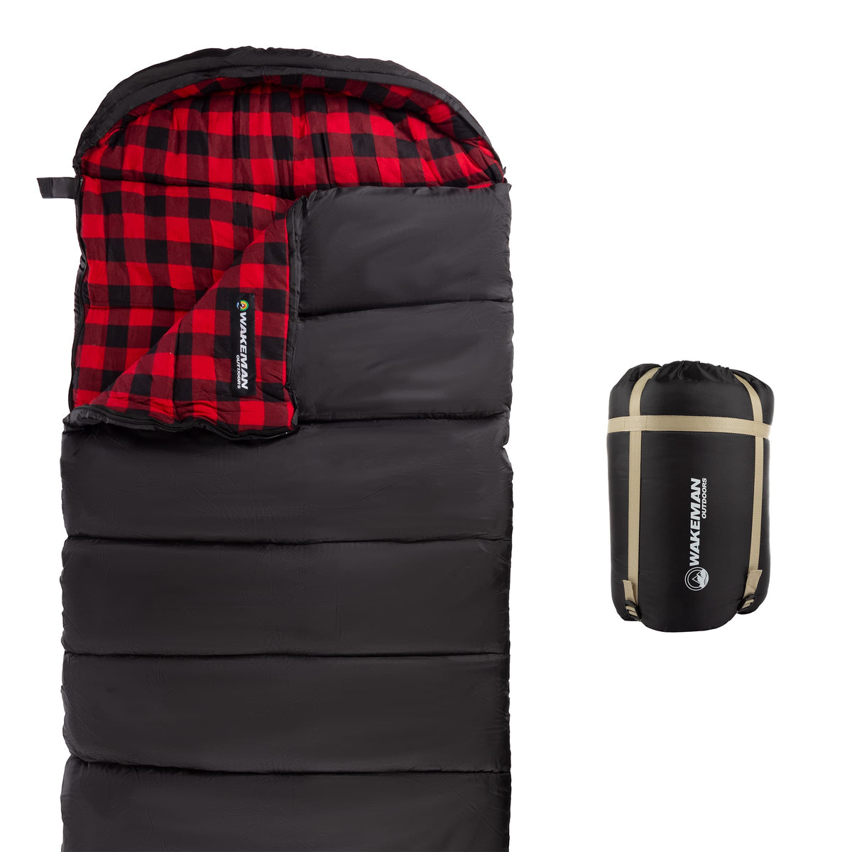 Wakeman - XL Sleeping Bag - 3-Season Envelope-Style - Black and Red
