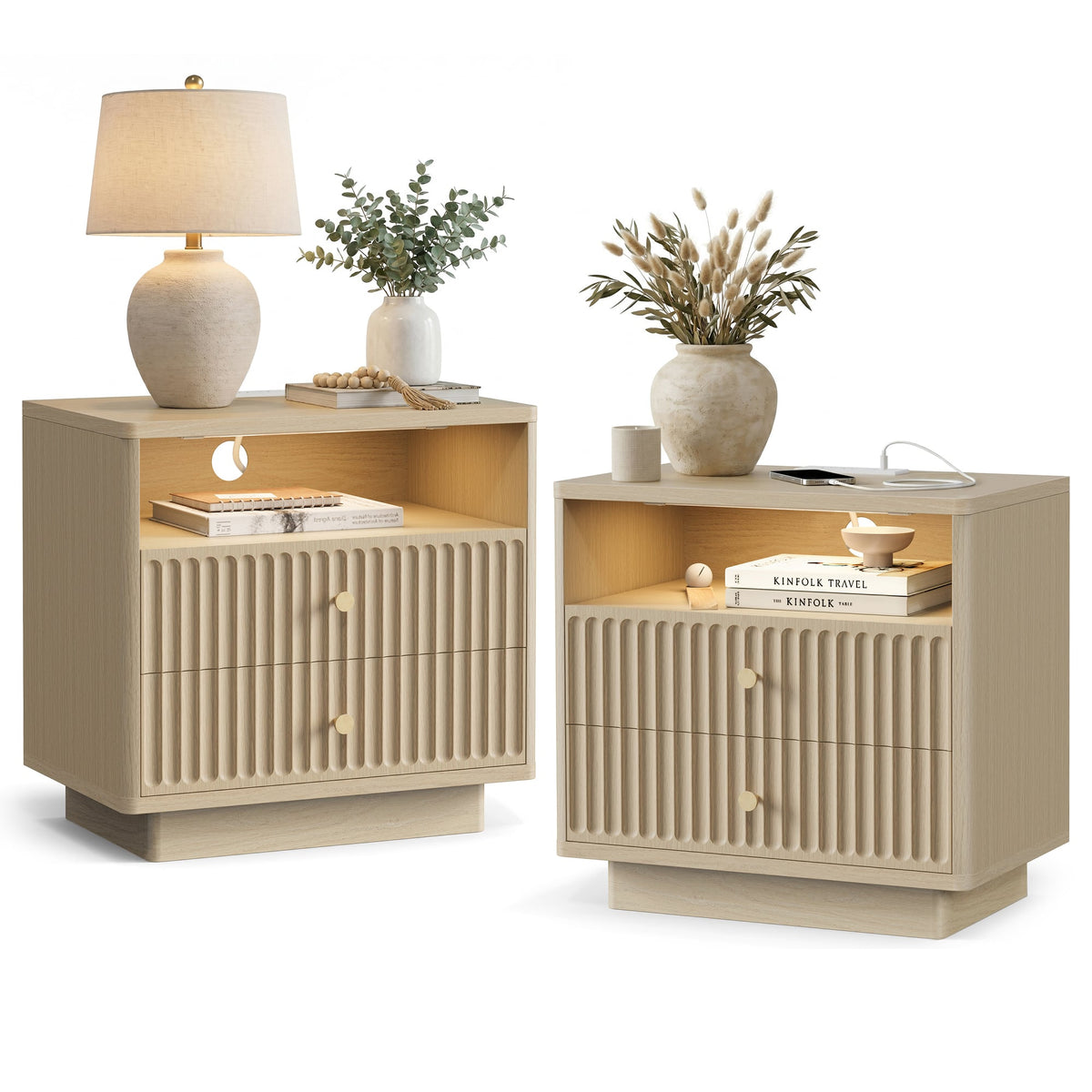 paproos - 23'' Fluted Nightstand Set of 2 with Charging Station, Modern Bedside Table with Motion Sensor LED Light & 2-Drawer - Natural Wood
