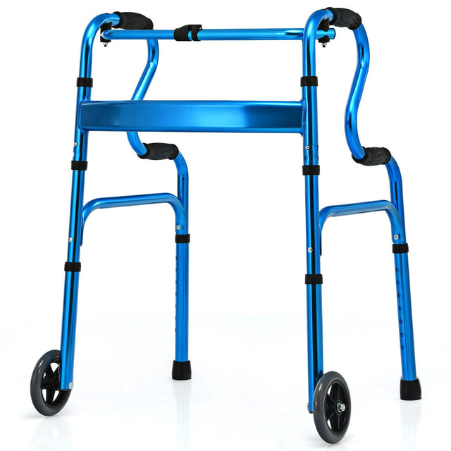 Front. Gymax - Gymax Heavy-Duty Folding 3 in 1 Stand-Assist Walker Aluminum Alloy W/ Wheel Blue - Blue.