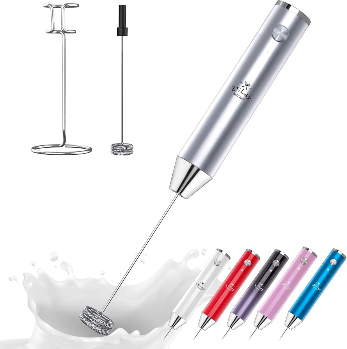 Zulay Kitchen - Lux Rechargeable Milk Frother Handheld - Powerful 2-Speed Motor, Fully Waterproof, 2000mAh Battery - Silver