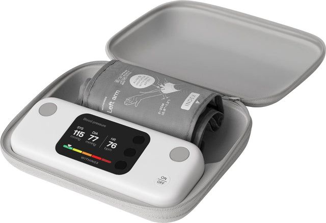 The text on the image reads: "SNO 0 S B CE 1 ALIGNO INDICATOS LIMASTRA M4A% arm WITHINGS Left Blood SYS pressure 115 DIA mmHg 77 HR mmHg 76 bpm WITHINGS (0.8"-1.2") -1.2") 2-3CM 2 INDEX ON OFF."