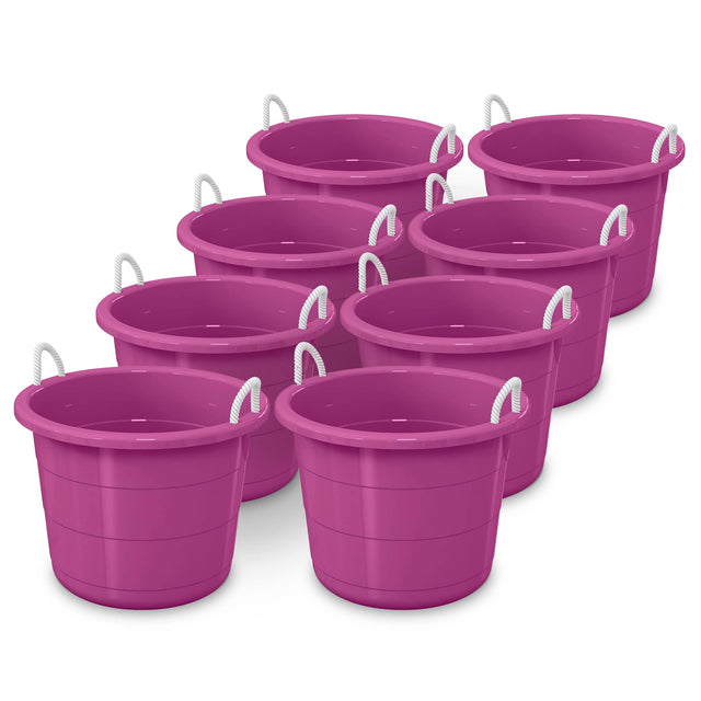 Front. Life Story - Life Story 17 Gallon Round Open Storage Bucket with Rope Handles, Purple, 8 Pack - Purple.
