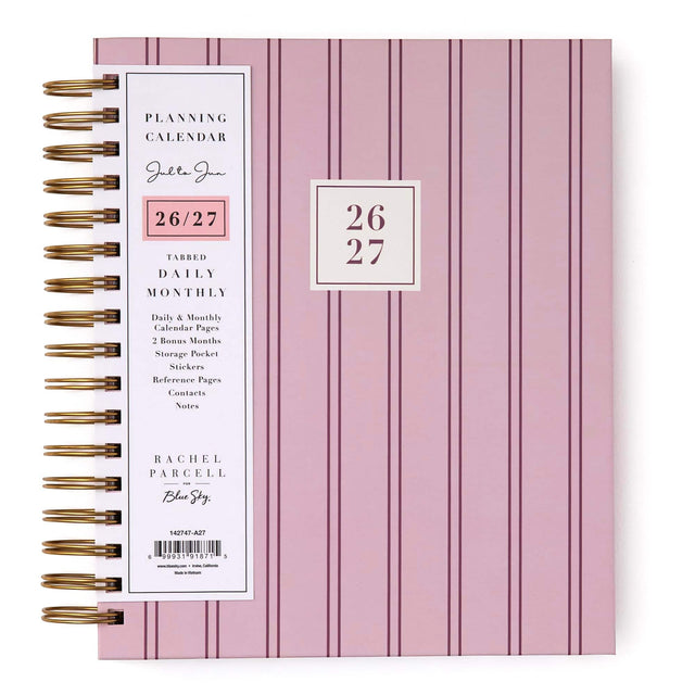 PLANNING CALENDAR  
Julto Jun 26/27  
TABBED DAILY MONTHLY  
26 27  
Daily & Monthly Calendar Pages  
2 Bonus Months  
Storage Pocket  
Stickers  
Reference Pages  
Contacts  
Notes  
RACHEL PARCELL  
Blue Sky.  
142747-A27  
99931 91871 3 1 2 - - -  
Combion INDECOMINA - SPERTER