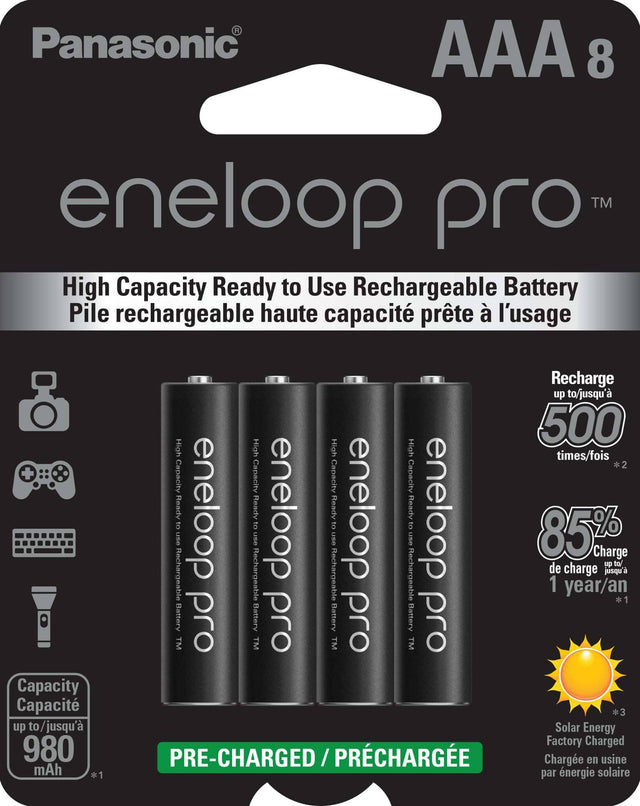 Panasonic AAA 8 eneloop TM pro High Capacity Ready to Use Rechargeable Battery Pile rechargeable haute capacite prte l'usage Recharge up to/jusqu' 500 High High times/fois *2 + Capacity Capacity Capacity Capacity Ready eneloop Ready eneloop Ready eneloop Ready eneloop Ready eneloop of of of of of use use use use use 85% Charge up to/ Rechargeable de charge jsqu' Rechargeable Rechargeable Rechargeable Rechargeable 1 year/an  1 Battery bLo Battery blo Battery pro Battery bLo TM TM TM TM Capacity Capacit *3 up