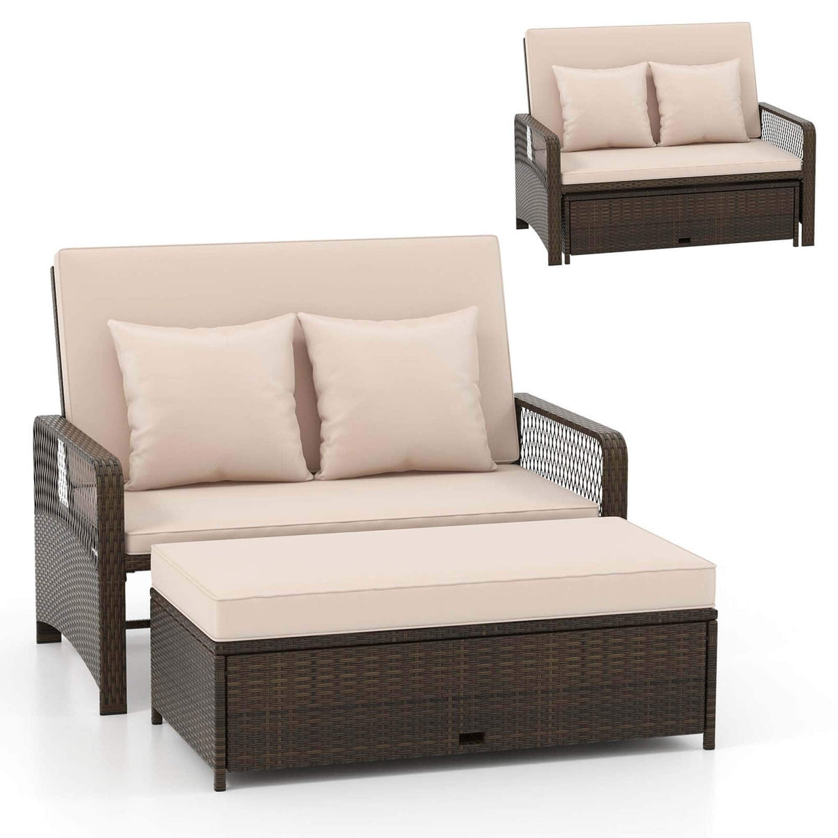 Costway - Patio Rattan Daybed Wicker Loveseat Sofa with Multifunctional Ottoman - Mix Brown + Beige