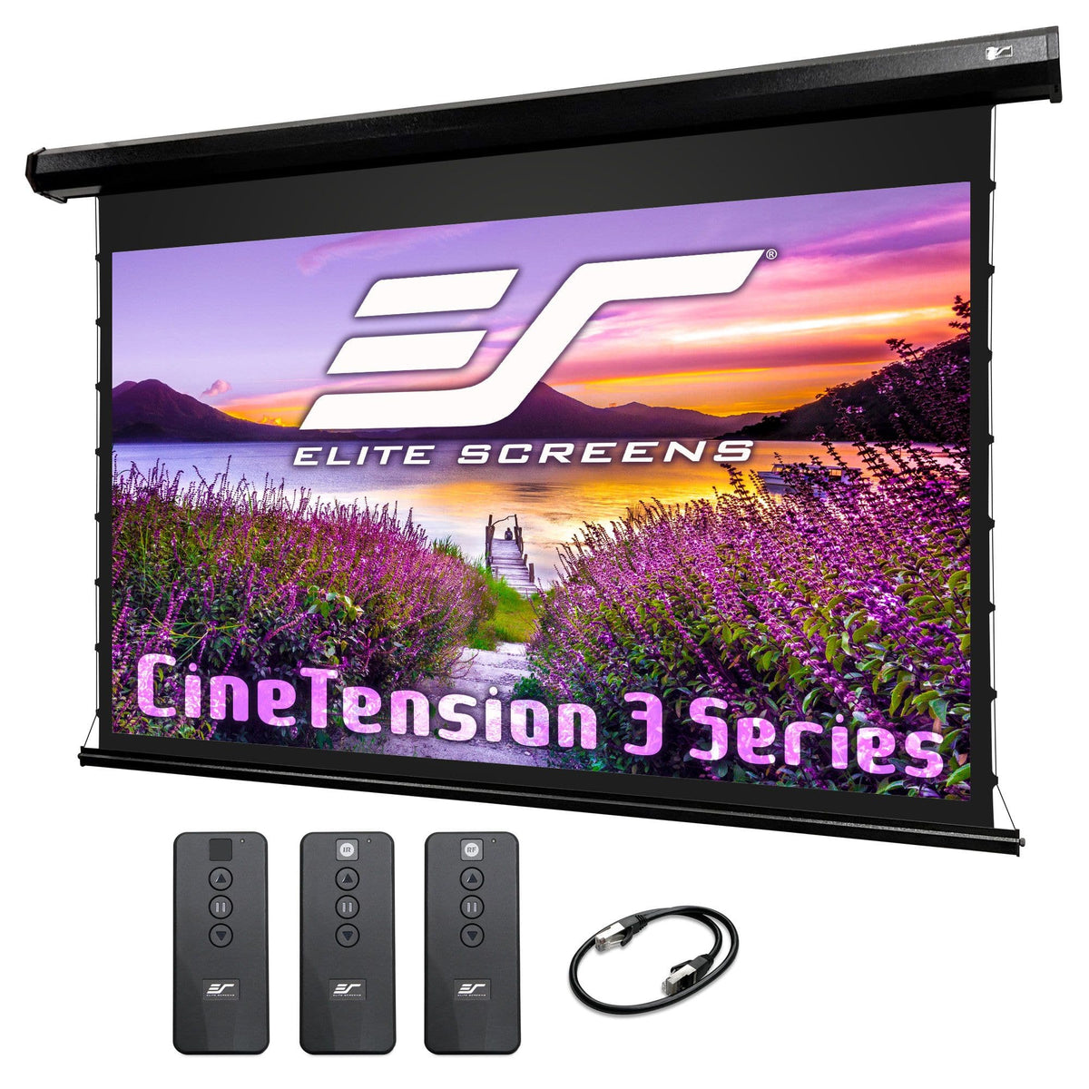 Elite Screens - CineTension 3 Electric Matte White Tab-Tensioned Projection Screen, 150" Diag,16:9, ProgrammableDrop,IR/RF Rmts,TE150HW3 - Black