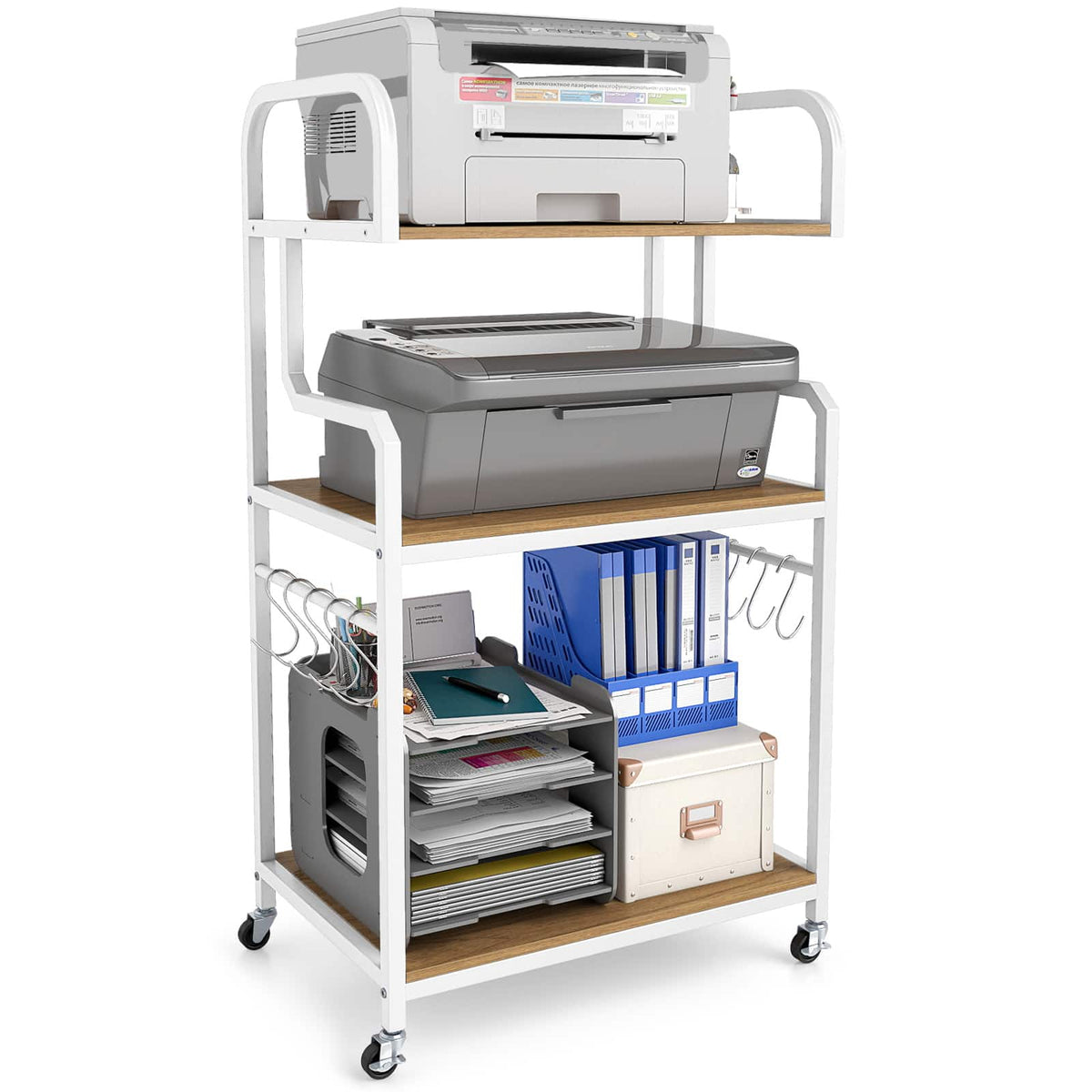 Gymax - 3-Tier Rolling Printer Stand Home Office Large Printer Cart w/ Storage Shelves Natural - White