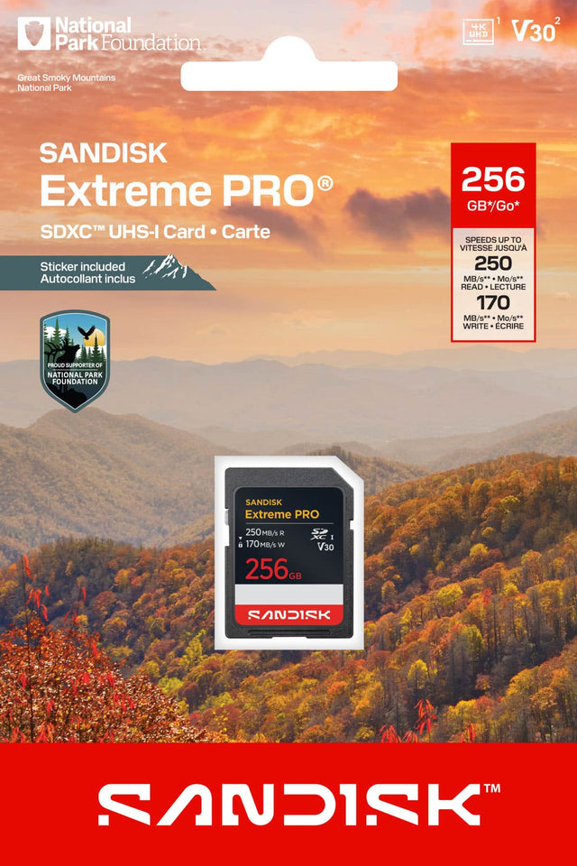 National Park Foundation  
Great Smoky Mountains National Park  

SANDISK Extreme PRO  
SDXC™ UHS-I Card • Carte  

Sticker included  
Autocollant inclus  

PROUD SUPPORTER OF NATIONAL PARK FOUNDATION  

256 GB*  
SPEEDS UP TO  
VITESSE JUSQU'A  
250 MB/s**  
READ • LECTURE  
170 MB/s**  
WRITE • ÉCRIRE  

SANDISK Extreme PRO  
250 MB/s R  
170 MB/s W  
256 GB  
V30  

SANDISK™