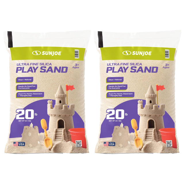 SUNJOE  
ULTRA FINE SILICA PLAY SAND  
3+ Ages  

Clean + Natural  
Hands-On Sand Fun For Everyone  

Great For Home, Classroom + Therapy Use  

20 lb  
NET WT 9.1 KG  

USA