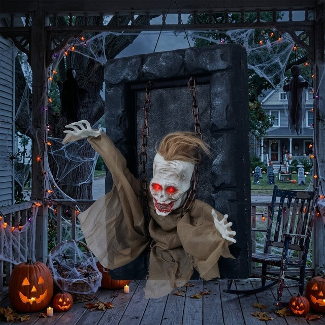 Front. WELLFOR - Animated Hanging Zombie Prisoner Halloween Decoration with Sound Activated Effects - Multicolor.