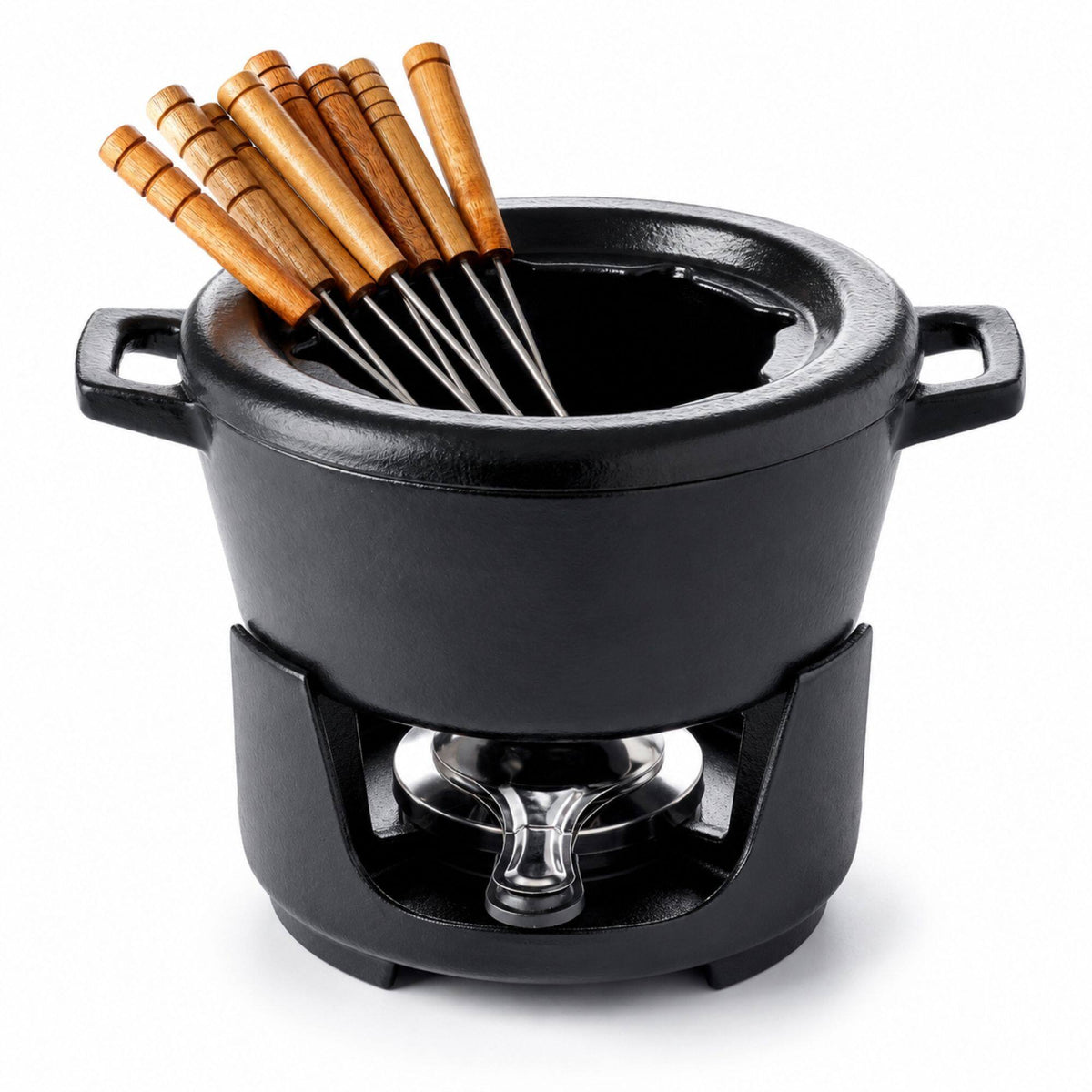 Alva - Nori Enameled Cast Iron Fondue Set, 8-Piece, 2-Qt - Black