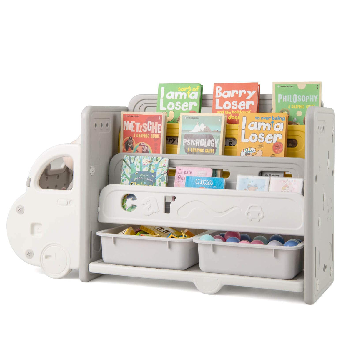Costway - 3-Tier Kids Toy Storage and Bookshelf with 2 Storage Boxes Decorative Car Head - Beige