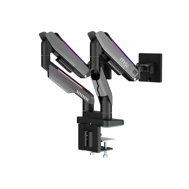 Front. MSI - MPG MT201DR V2 RGB Dual Monitor Stand Arms–Adjustable Spring Desk Mount,VESA Compatible,17–35in,44 lbs,Clamp&Grommet - Iron Gray.