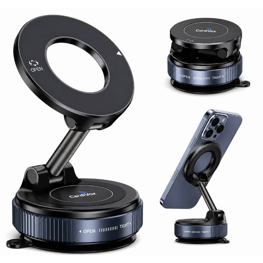 CardiVox - Universal Magnetic Car Phone Holder – 360° Rotating Dashboard Mount Foldable Suction Cup Stand - Black