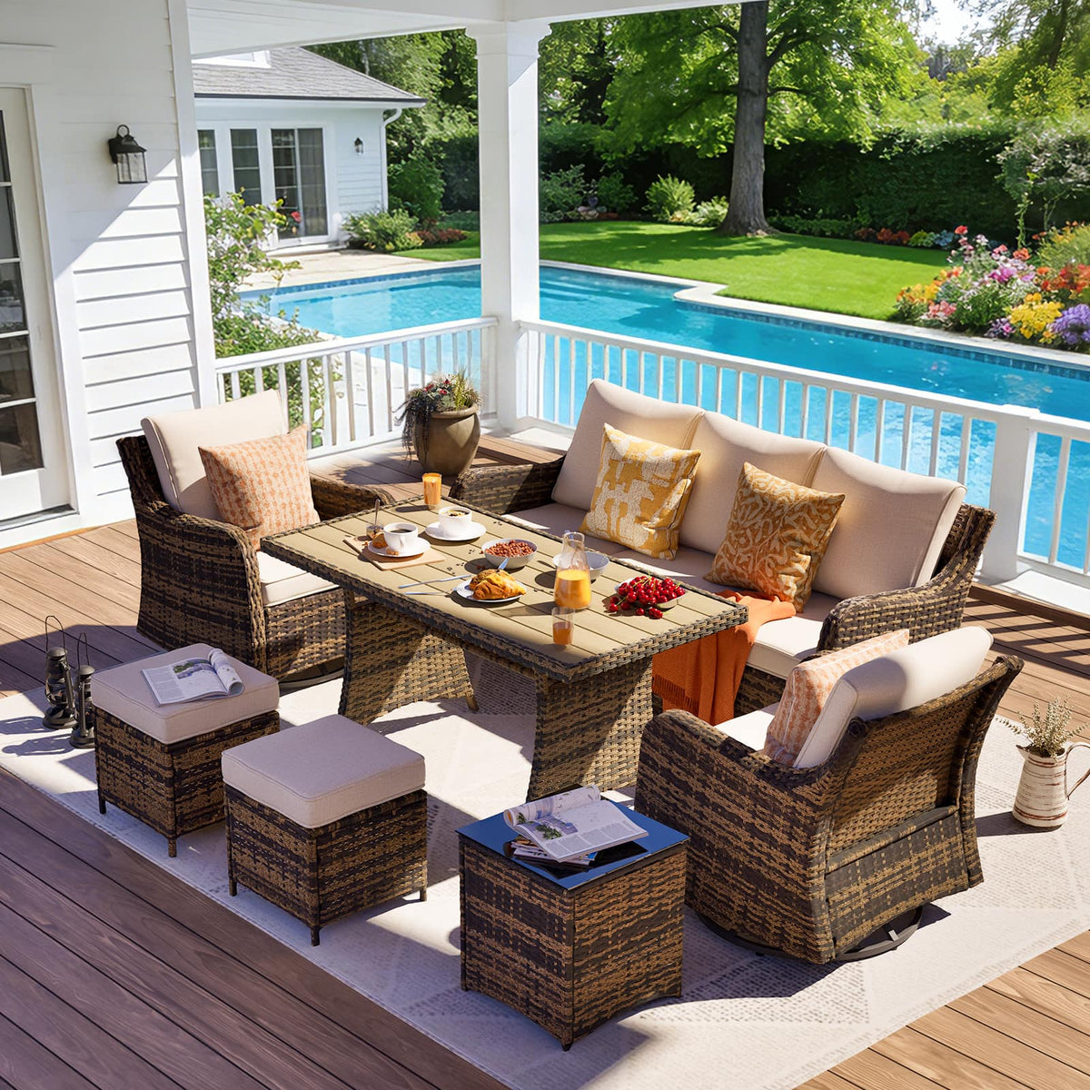 Yardgrace - 7-Piece Wicker Patio Set w/ Swivel Chairs, Loveseat, 2 Ottomans & Dining Table – Perfect for Relaxing - Brown