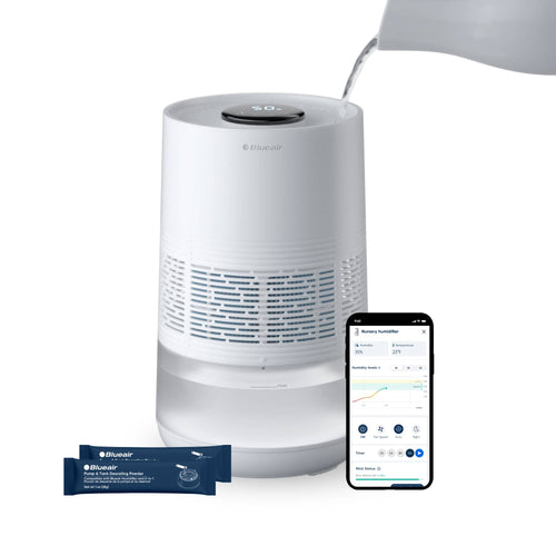 Sure, here is the corrected text:

---

**Blueair**

**Pump & Tank Descaling Powder**

**Model 202-2**

**Net wt 1.0 oz (28g)**

---

**Nursery Humidifier**

- **Humidity:** 35%
- **Temperature:** 27°F

**Humidity level:** 0

**Fan Speed:** Auto

**Timer:** 0

**Wick Status:**

---

**Blueair Pump & Tank Descaling Pod**