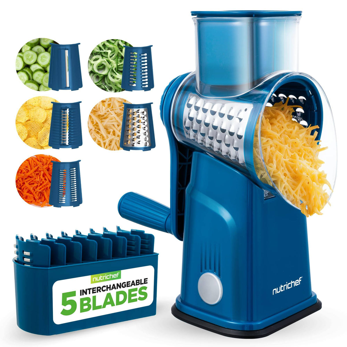 NutriChef - NCCHS5BLDBL 5-in-1 Cheese Grater & Shredder, 5 Blades, Suction Base - Blue