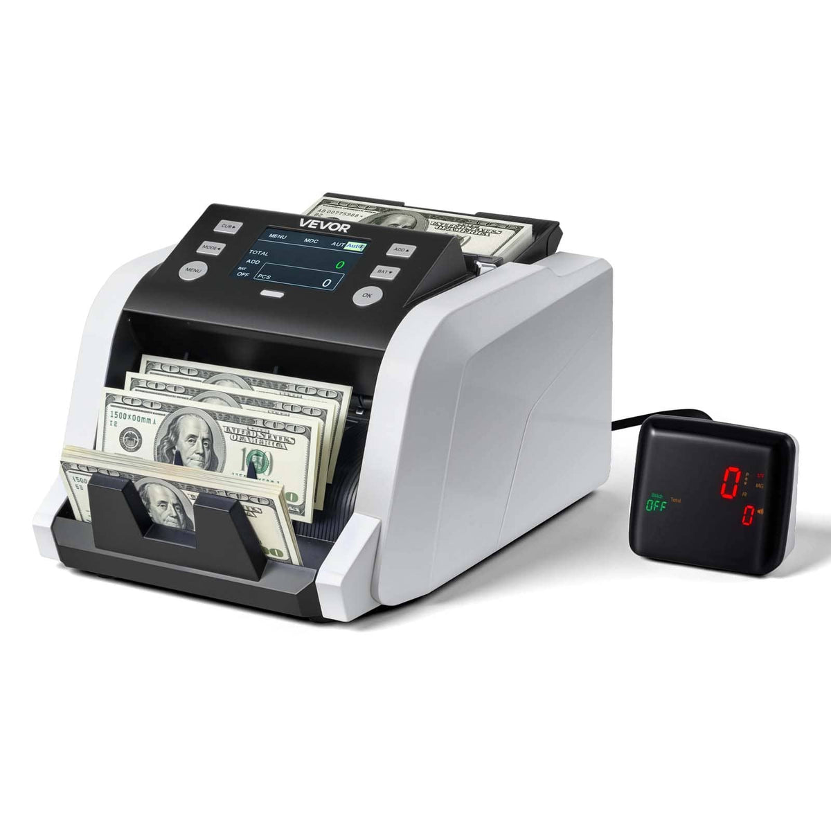 VEVOR - Money Counter Machine, 1200 Notes/Minute, Cash Counter with Value Count, UV/MG/IR/DD/DBL/HLF/CHN Counterfeit Detection - Black;White