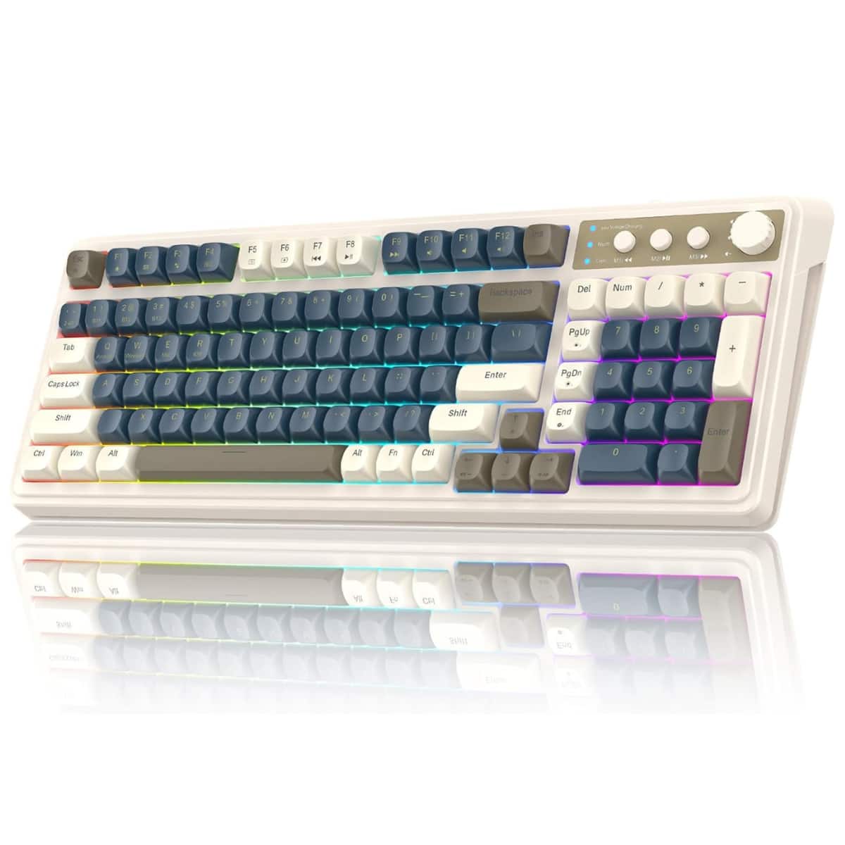 AULA - S99 99-Key Wireless Membrane Gaming Keyboard, RGB, Tri-Mode, Knob, Compact 96%, 2000mAh, Numpad, Programmable, Bluetooth - White Blue