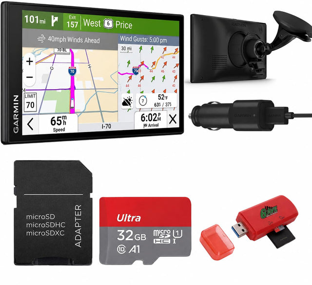 101mi Exit mi West 157 40mph Winds Ahead 70-BL  
6  
Price Wind Gusts: 5:00 pm 30 mi  
GARMIN LACANTES  
+  
70  
7043  
44  
42 46  
44 43  
4 LIMIT 70 GARMIN  
65th Speed  
I-70  
44  
46 40 52F 7 63 / 37F P 6:02 pos Arrival  
GARMIN  
GARMIN  
microSD microSDHC ADAPTER microSDXC  
Ultra 32GB micro  
10 A1  
6AVE