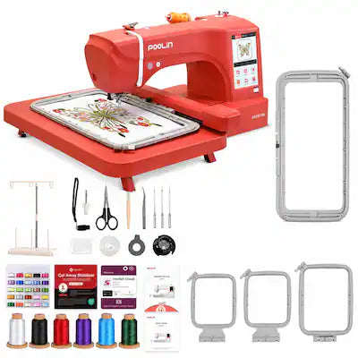 Poolin - EOC07-RedEdition 15" x 8" Huge Area Computerized Embroidery Machine with 4 Hoops, Starter Kit & Wifi for Home Business
