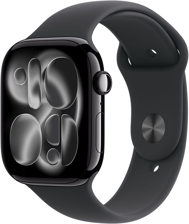 Front. Apple - Geek Squad Certified Refurbished Apple Watch Series 11 (GPS) 46mm Jet Black Aluminum Case with Black Sport Band - M/L - Jet Black.
