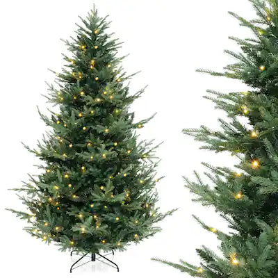 Costway - 8 FT Artificial Xmas Tree with 1480 PVC PE Branch Tips 450 Warm White LED Lights