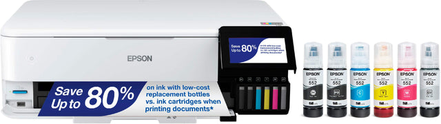 EPSON Save - P - swcoa 80% repllacement bolies Upto FL  cartridges when printing dosumenda* SD on ink with low-cost Save replacement bottles Up to 80% vs. ink cartridges documents* when printing.