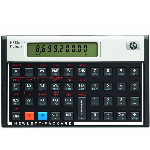 HP 12c Platinum  
8,699,200.00  
RPN  
C  

AMORT  
INT  
NPV  
RND  
IRR  
PRICE  
YTM  
SL  
DEPRECIATION  
SOYD  
DB  
y^x  
1/x  
%T  
Δ%  
%  
P/R  
LN  
FRAC  
INTG  
P/R  
SST  
R↓  
GTO  
x≥y  
x≤y  
x=0  
OFF  
ON  
f  
g  
STO  
RCL  
ENTER  
R/S  
PSE  
BST  
CLEAR  
FIN  
REG  
PREFIX  
EEX  
ADYS  
D.MY  
M.DY  
xw  
x^2  
ENTER  
R  
CHS  
DATE  
BEG  
END  
MEM  
ALG  
√x  
e^x  
CLEAR  
FIN  
REG  
PREFIX  
EEX  
ADYS  
D.MY  
M.DY  
xw  
x^2  
ENTER  
R  
CHS  
DATE  
BEG  
END  
MEM  
ALG 