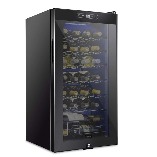 Front. Schmecke - 28 Bottle Compressor Wine Refrigerator, Freestanding Wine Cooler with Lock, Black - Black.