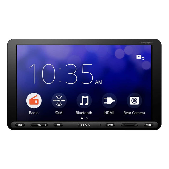 Siriusxm: 10:35 AM, Radio, SXM, Bluetooth, HDMI, Rear Camera, HOME, VOL +, ATT, SONY, OPTION, HH, VOICE