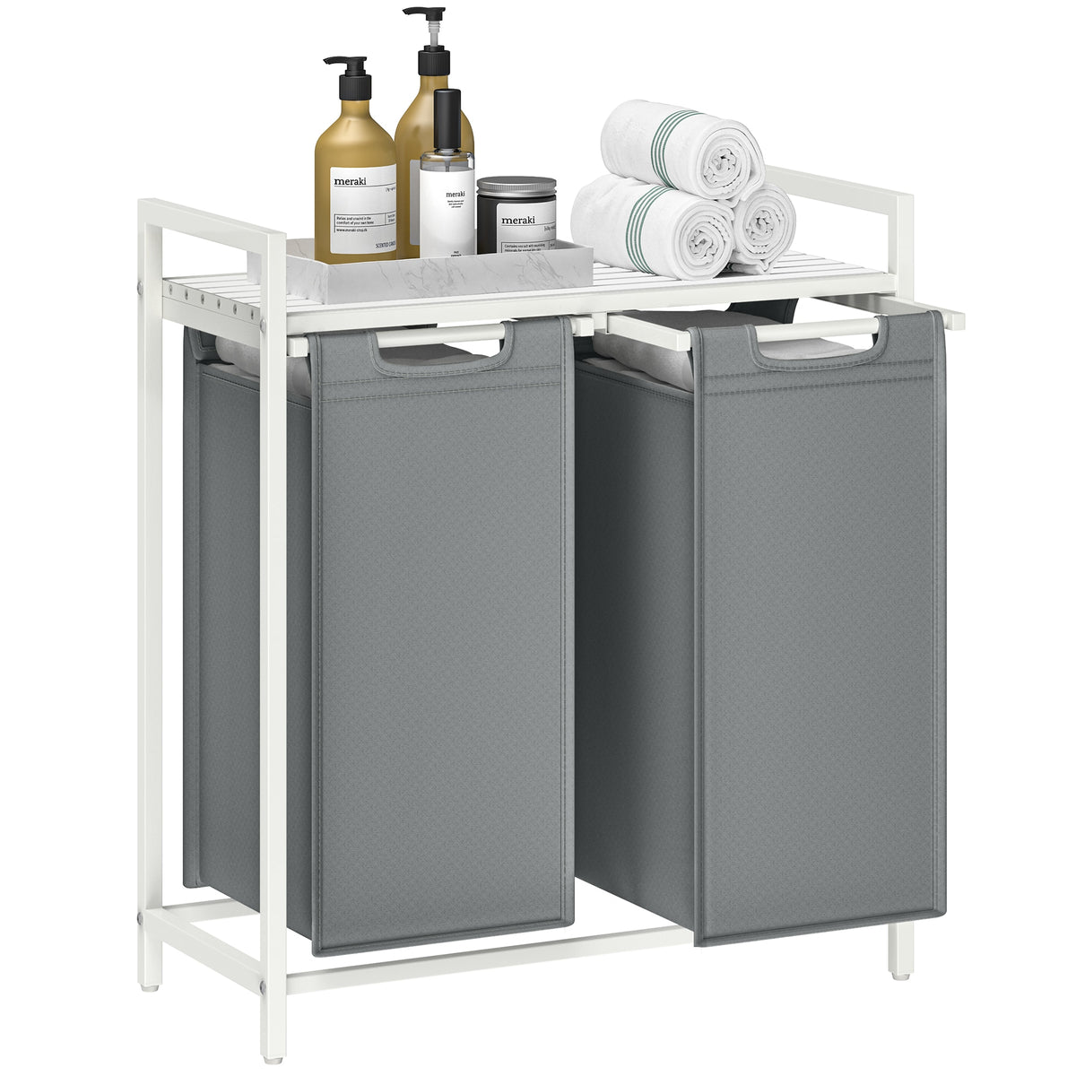 Songmics Home - Laundry Basket, 2-Compartment Laundry Hamper, Pull-Out and Removable Liner Bags,Clothes Sorter, Shelf, Metal Frame - Slate Grey and Matte White