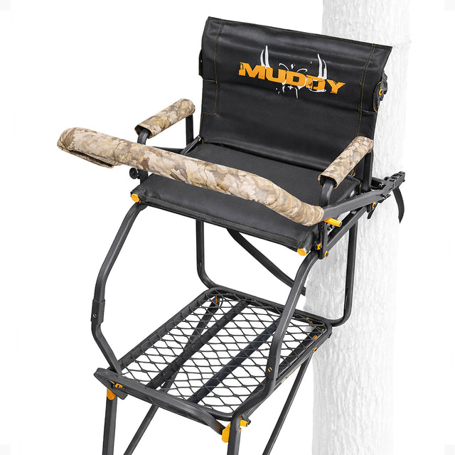Front. Muddy - Muddy The Skybox Deluxe 20 Ft Hunting Ladderstand, 1 Person Climbing Tree Stand - Black.