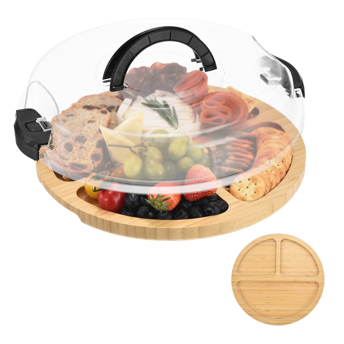 Unique Bargains - Round Charcuterie Board with Lid & Handle, Portable Cheese Board, Bamboo Cutting Board, Gifts - Black