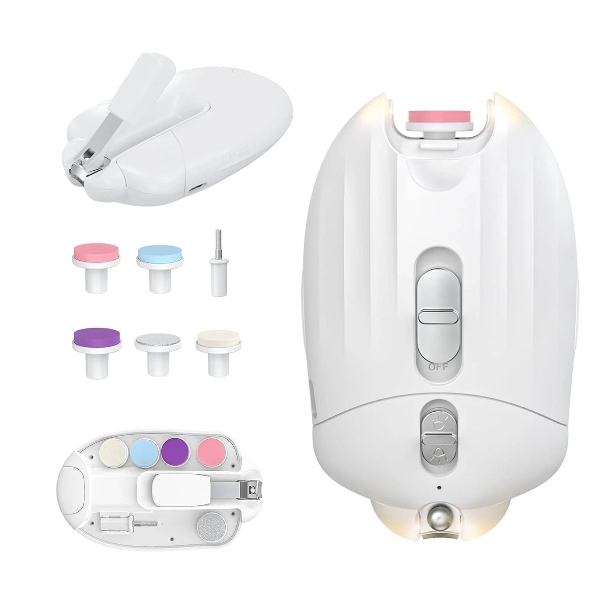 FEBFOXS - Rechargeable Electric Baby Nail Trimmer with LED Light and 6 Grinding Heads - White
