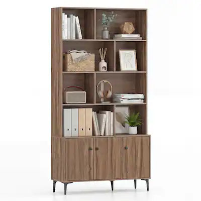 Gymax - Bookshelf w/ Doors 5-Tier Floor Standing Bookcase w/ 2 Anti-Tipping Kits Walnut