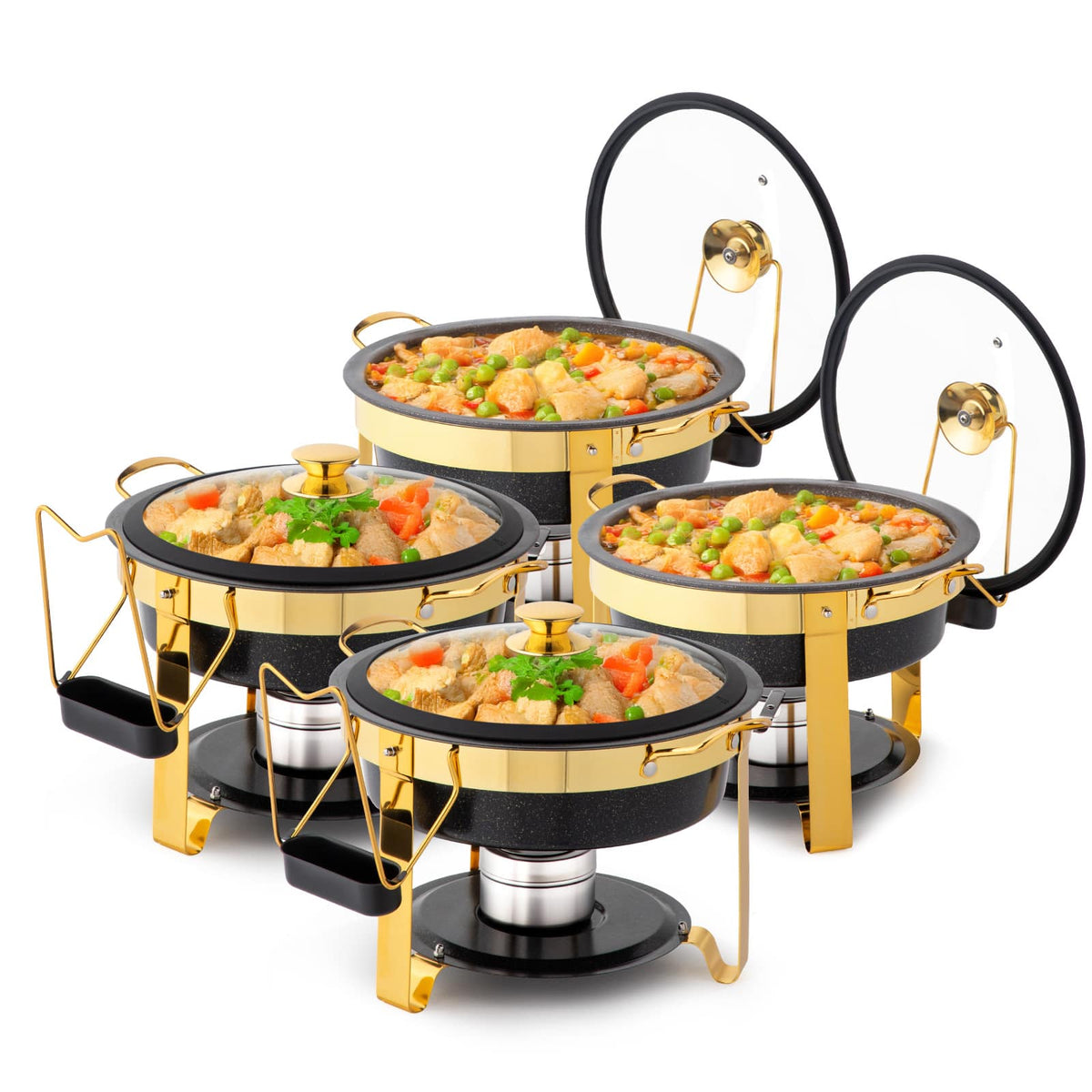Winado - 4-Pack 5QT Chafing Dish Set with Glass Lid, Maifanite Stone Coated Buffet Warmers Stackable for Party, Hotel Breakfast - Black/Gold