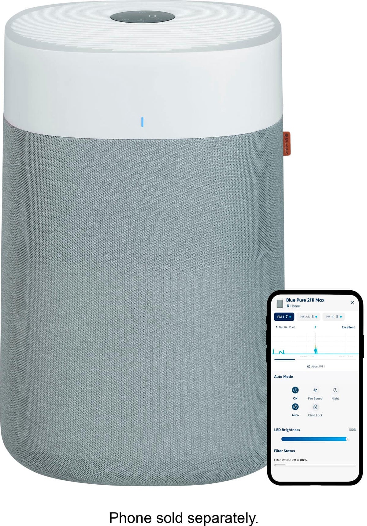 Blueair - Blue Pure 211i Max 3000 Sq. Ft HEPASilent Smart Extra-Large Room Air Purifier - White/Gray