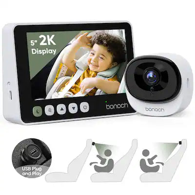 bonoch - 2K Baby Car Camera with Full Crystal Night Vision, 5 Inch Baby Car Montior for Back Seat Rear Facing