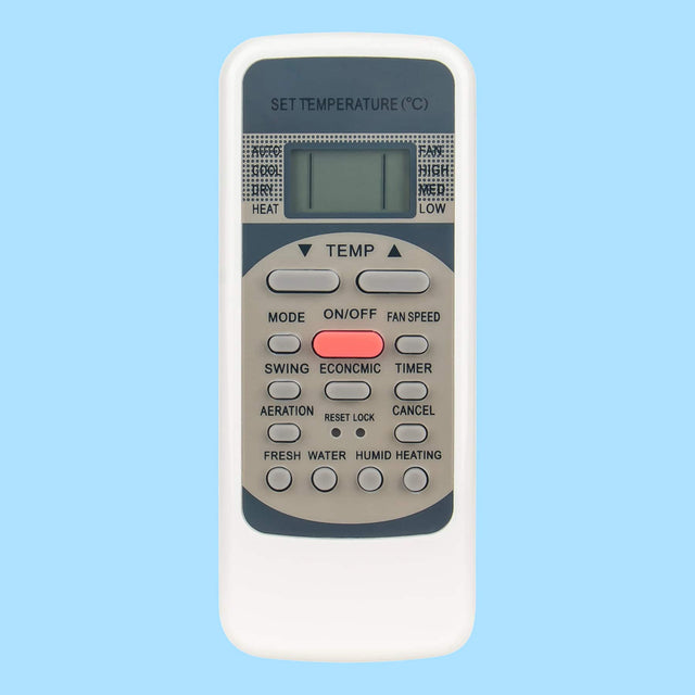 SET TEMPERATURE (°C)  
HEAT FAN HIGH MED LOW  
TEMP  
MODE ON/OFF FAN SPEED  
SWING ECONOMIC TIMER  
AERATION RESET LOCK  
CANCEL  
FRESH WATER HUMID HEATING