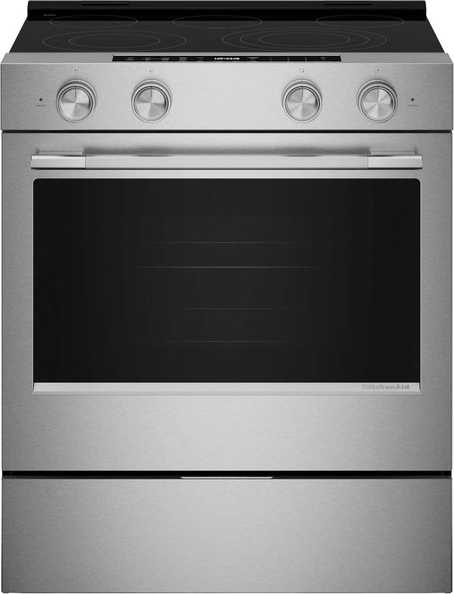 Front. KitchenAid - 30 in. Wide 5 elements 5.3 cu. ft. Smart Slide-In Electric Convection Range with Steam/Self Clean and Convection Cooking - PrintShield Stainless Finish.